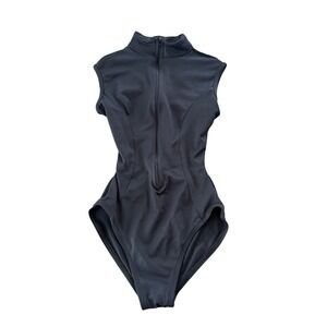 Bal Togs size Petite Black Mock Neck Half Zip Lace Back Cutout Leotard Bodysuit
